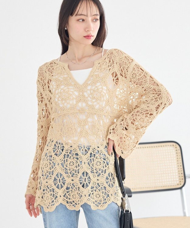 earth music&ecology クロシェ風プルオーバー Light Yellow