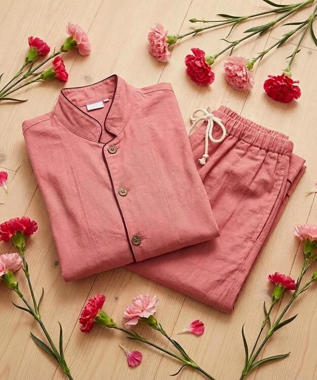 京和晒綿紗 【紗栄子さん愛用パジャマの色違い/UNISEX】ガーゼパジャマ 2重合わせ 草木染め【さんご】 さんご