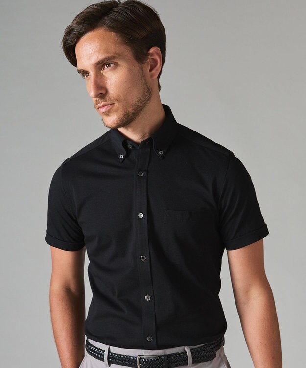 GOTAIRIKU 【吸汗速乾】クールマックス鹿の子 半袖ビズシャツ_ボタンダウン ブラック系