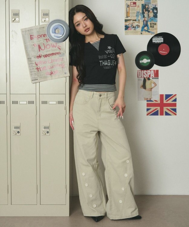 WEGO ストライプレイヤードクロップドT ブラック