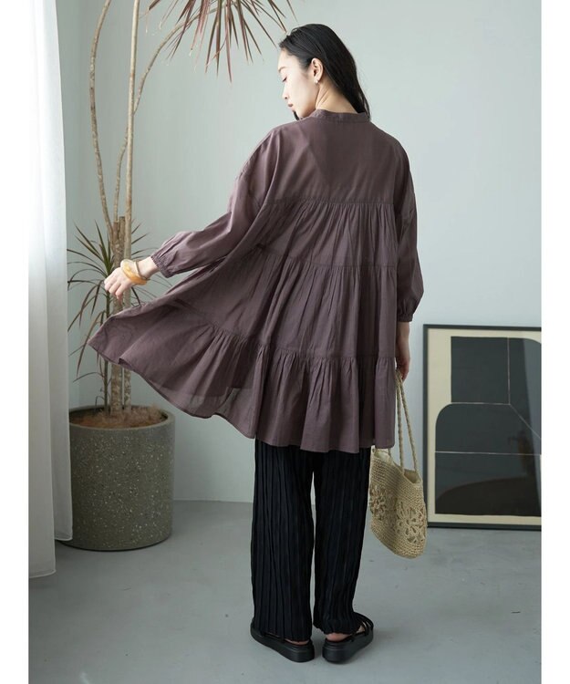earth music&ecology コットンボイル切替ティアードチュニック Brown