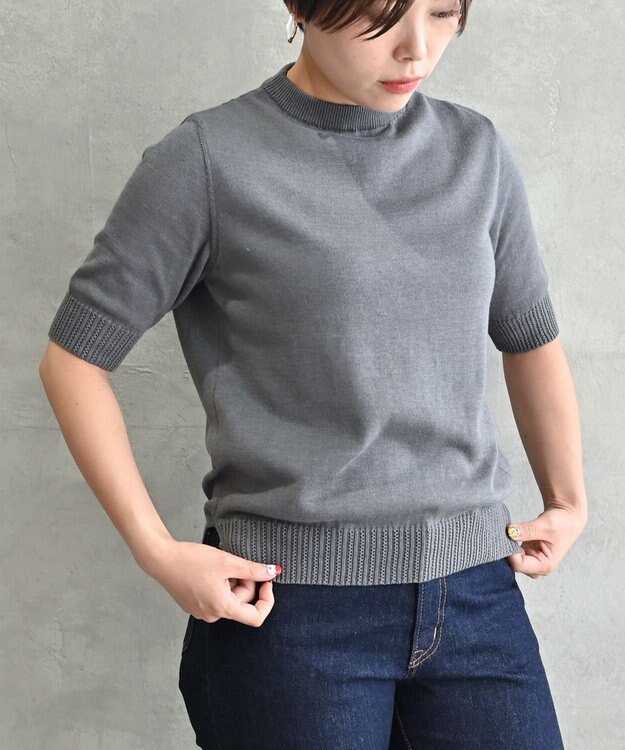 muuc 〈高品質シルク＆スーピマ超長綿〉〈洗えるニット〉半袖ボトルネックプルオーバー チャコールグレー