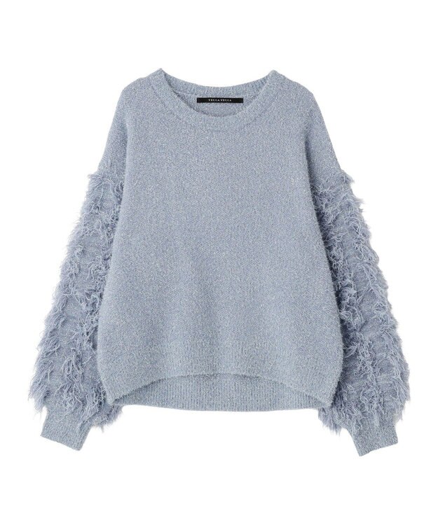 YECCA VECCA ラメフェザー袖フリンジニット Blue