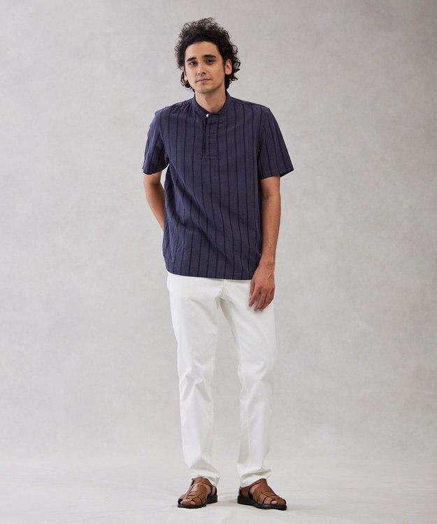 J.PRESS MEN 【HYBRID LINEN】ドビーストライプ バンドカラーラガーシャツ ネイビー系