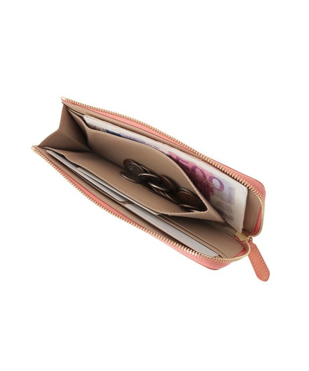 genten マルチカットワークミニ L字ファスナー長財布 コーラルピンク