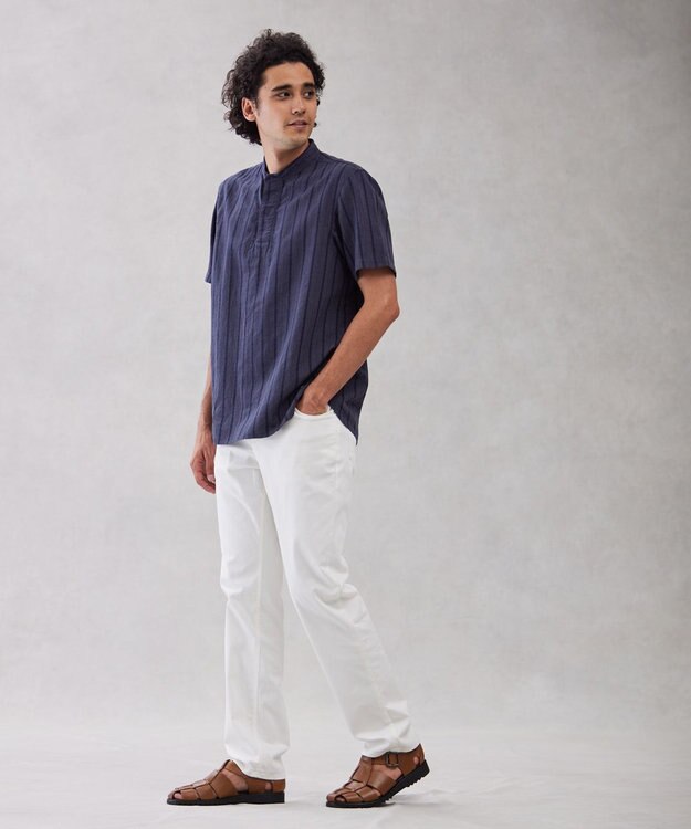 J.PRESS MEN 【HYBRID LINEN】ドビーストライプ バンドカラーラガーシャツ ネイビー系