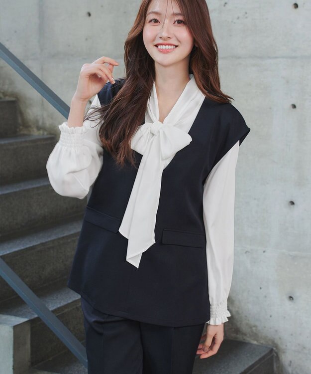 Tiaclasse 【ブラウス&ベスト&パンツ3点セット】リボンタイブラウス＋ベスト付き 3点セットアップ ネイビー