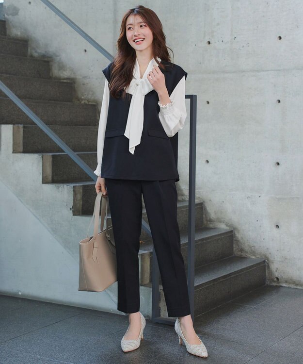 Tiaclasse 【ブラウス&ベスト&パンツ3点セット】リボンタイブラウス＋ベスト付き 3点セットアップ ネイビー