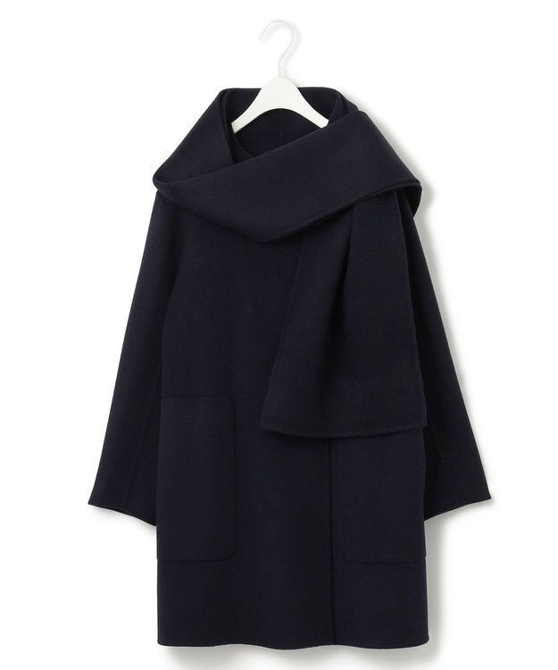 ICB ウールリバー ストール付きノーカラーコート ネイビー系