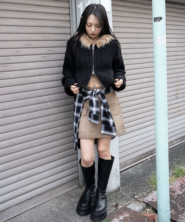 WEGO フェイクファー付きケーブルニットパーカー ブラック