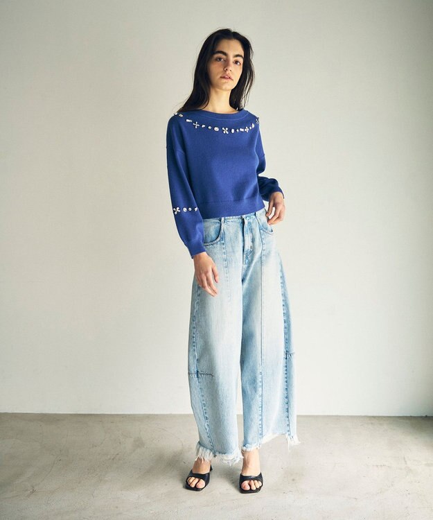 GRACE CONTINENTAL マルチビジューニットトップ ブルー