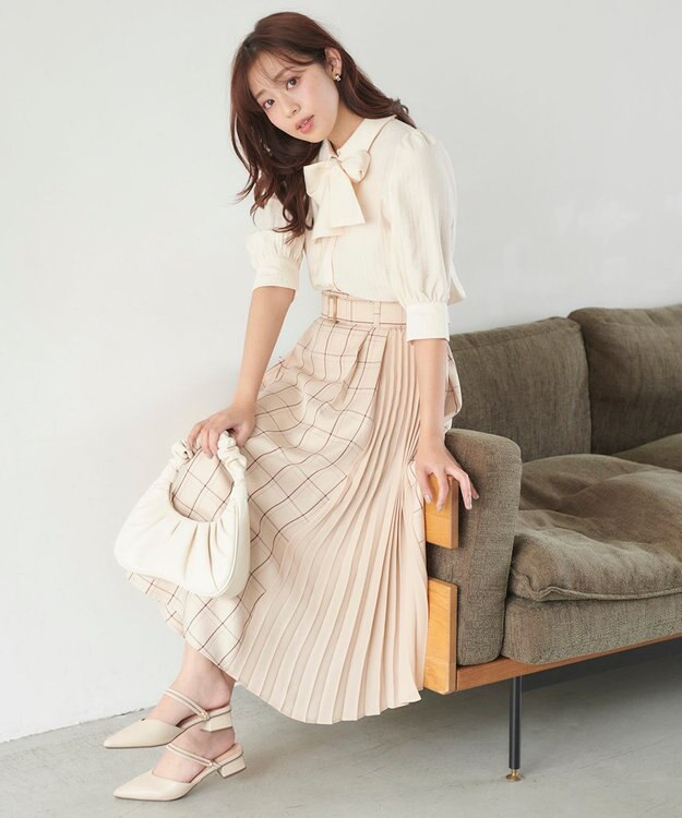 Feroux 【洗える】プリーツコンビチェック スカート ベージュ系3