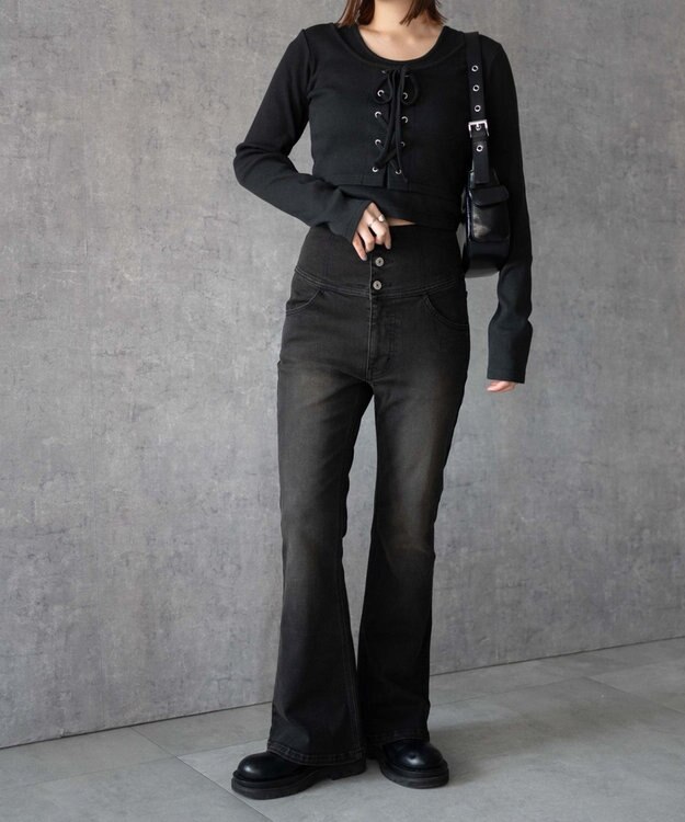 WEGO ハイウエストストレッチフレアデニムパンツ スミクロ