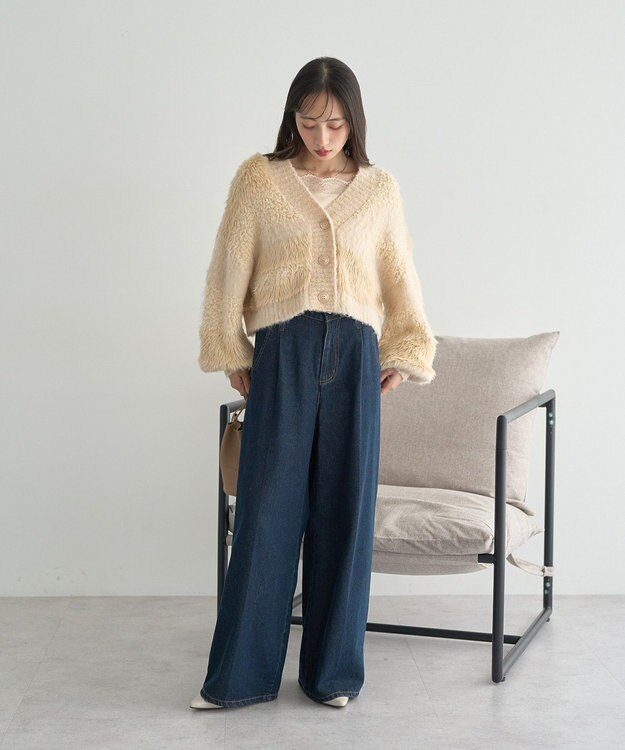 earth music&ecology ポンポンヤーンミックスインターシャカーディガン Light Beige