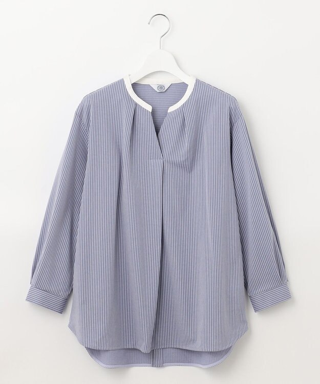 J.PRESS LADIES L ピンストライプジャージー バンドカラー スキッパー カットソー ブルー系1