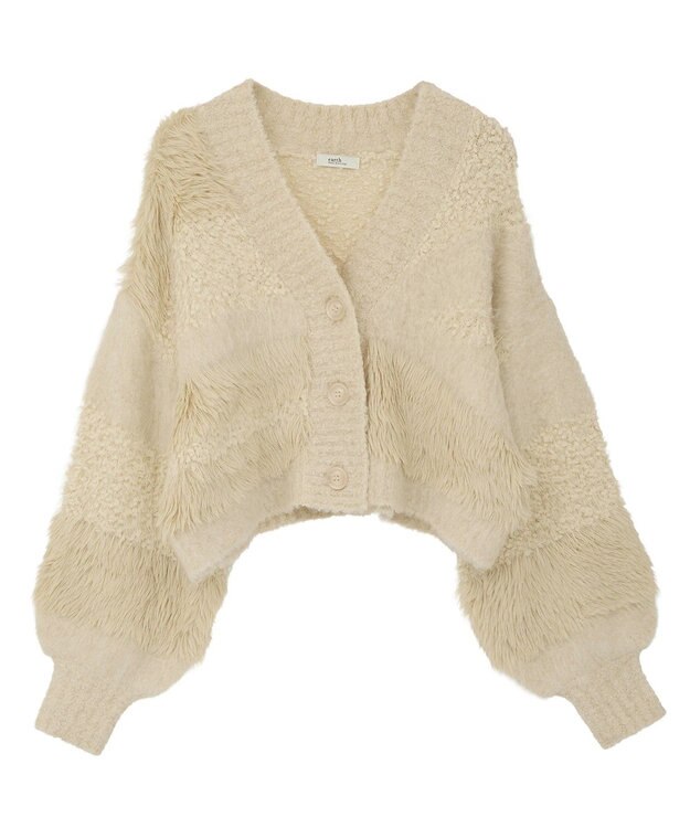 earth music&ecology ポンポンヤーンミックスインターシャカーディガン Light Beige