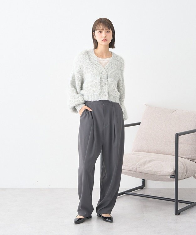 earth music&ecology ポンポンヤーンミックスインターシャカーディガン Light Gray