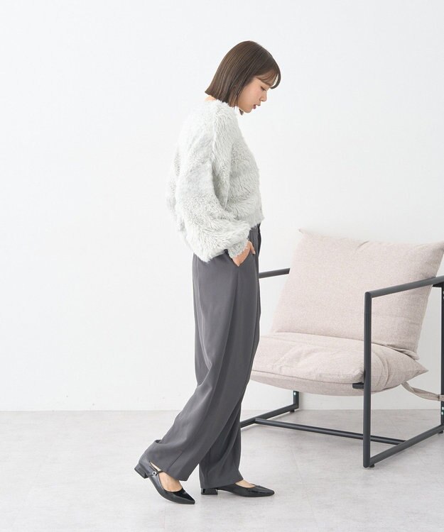 earth music&ecology ポンポンヤーンミックスインターシャカーディガン Light Gray