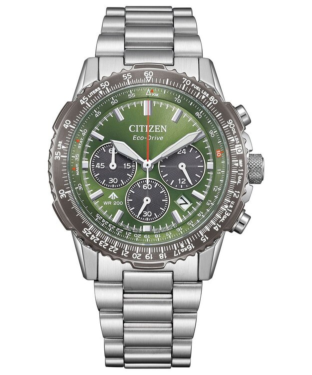 CITIZEN 【電池交換不要/20気圧防水/クロノグラフ】ケース40mmのパイロットウオッチ シルバー