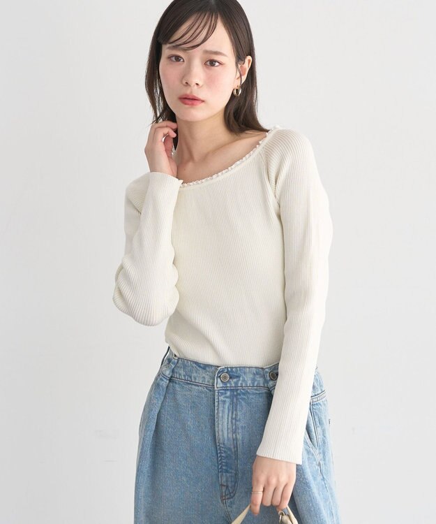 earth music&ecology 【予約】レーストリムリブニットプルオーバー アイボリー