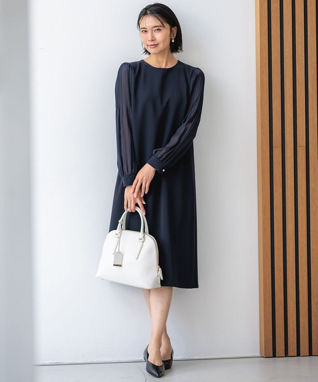 23区 【セットアップ対応】トリアセダブルジョーゼット シフォンスリーブ ワンピース ネイビー系