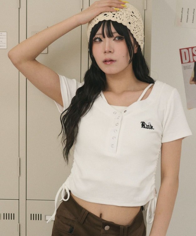WEGO ヘンリーネックロゴ刺繍T ホワイト