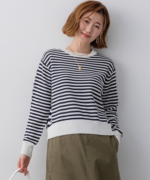 23区 【先行予約】コットンギマ クルーネック ニット オフ×ネイビー系