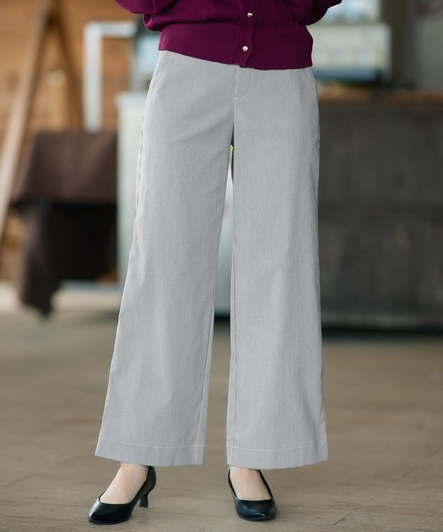 Tiaclasse ストライプストレッチワイドパンツ ブラックストライプ