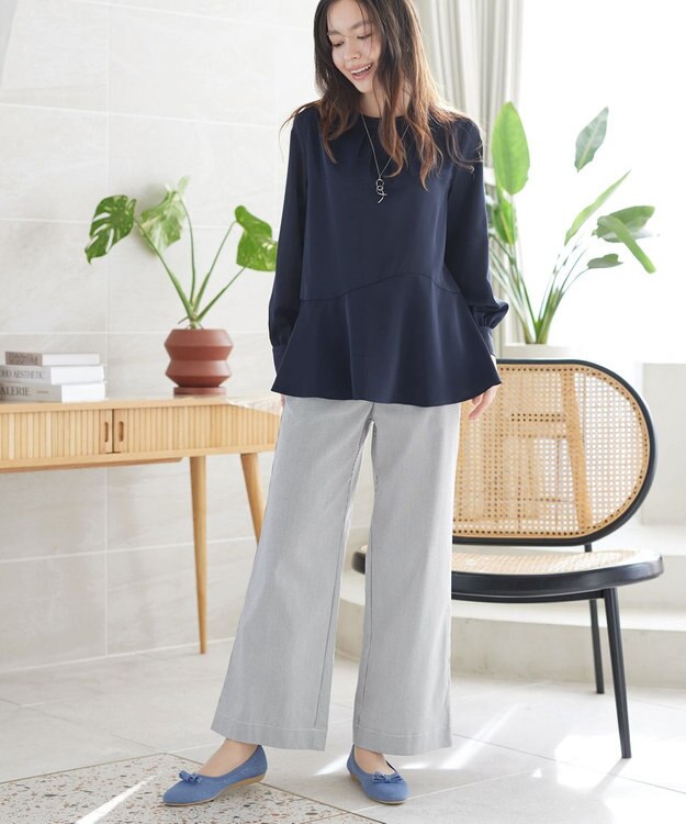 Tiaclasse ストライプストレッチワイドパンツ ブラックストライプ