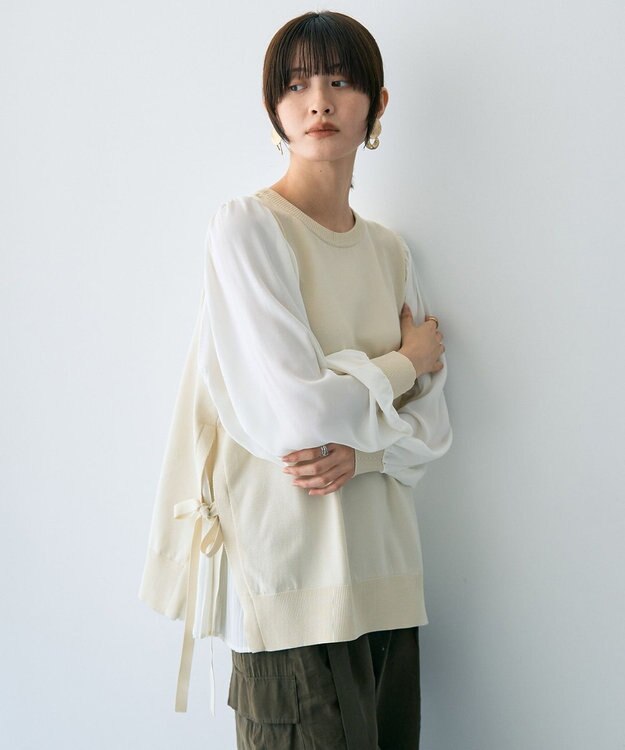 YECCA VECCA サイドプリーツ異素材MIXプルオーバー Ivory