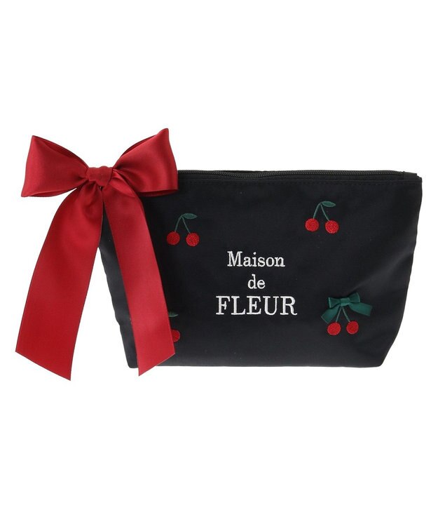 Maison de FLEUR チェリー刺繍ポーチ Black