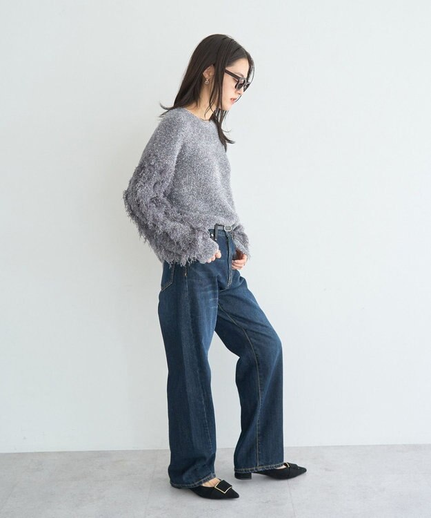 YECCA VECCA ラメフェザー袖フリンジニット Charcoal Gray