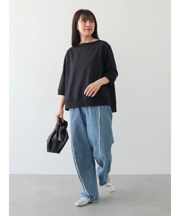 Green Parks ボートネックラメミニ裏毛プルオーバー Black