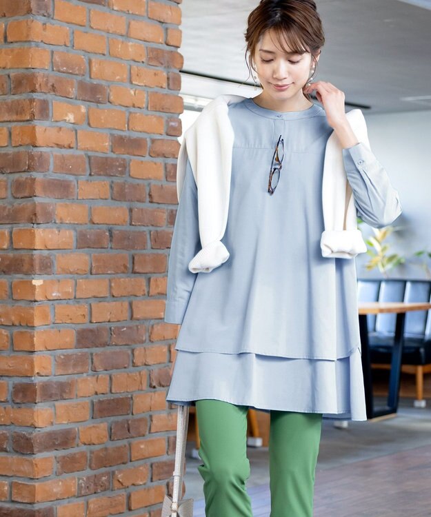 Tiaclasse L 【洗える】レイヤードヘムシャツチュニックブラウス サックス