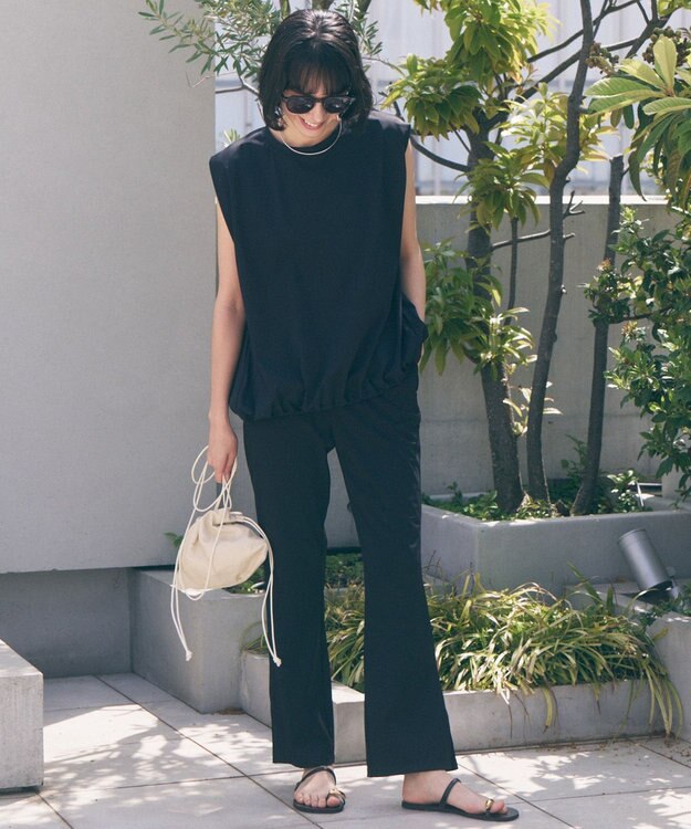 UNFILO L 【ウエストゴム】ドライトリコット セミフレアパンツ ブラック