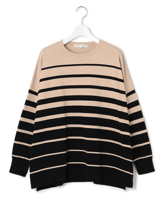 23区 【洗える】プレミアムビオコットン ボーダー ワイド ニット ベージュ×ブラック