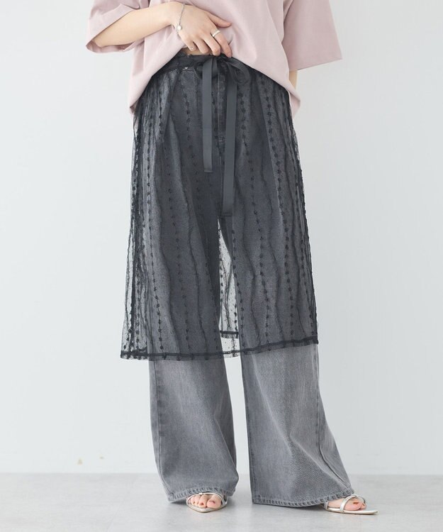 earth music&ecology ストライプレースレイヤードスカート Black