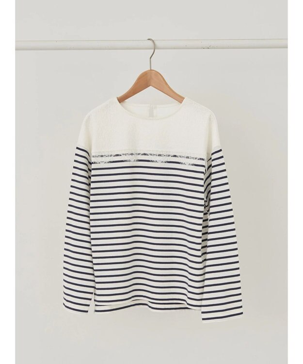 earth music&ecology レースボーダーカットソープルオーバー Navy