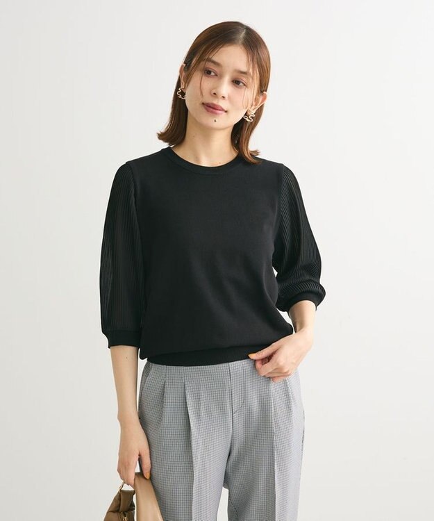 Green Parks 袖プリーツドッキング５分袖ニットプルオーバー Black