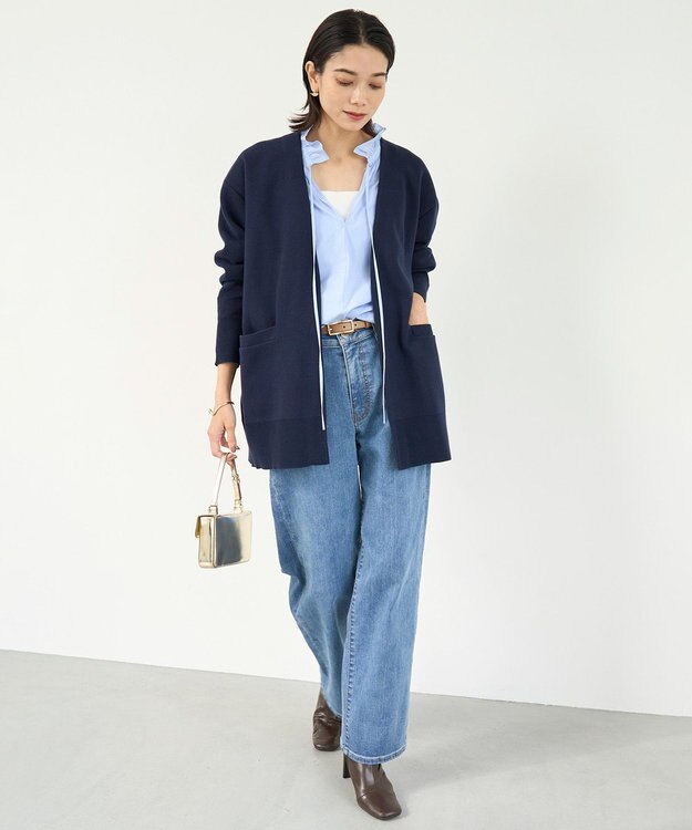 UNFILO ギャザーオーバーブラウス ブルーストライプ