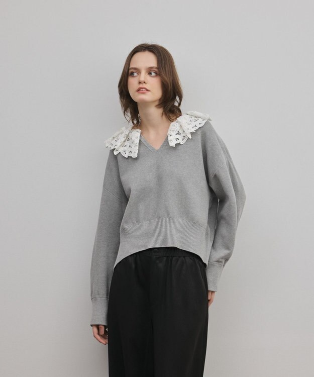 GRACE CONTINENTAL レースカラーニットトップ グレー