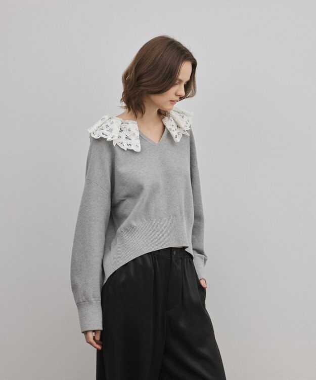 GRACE CONTINENTAL レースカラーニットトップ グレー
