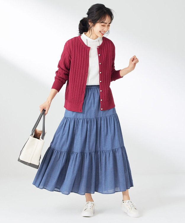 ANY 【ウエストゴム】シャンブレーライクティアード スカート ブルー系