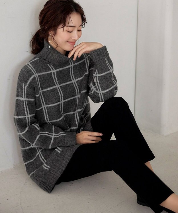 Tiaclasse L 【洗える】チェックジャガードニットチュニック チャコール