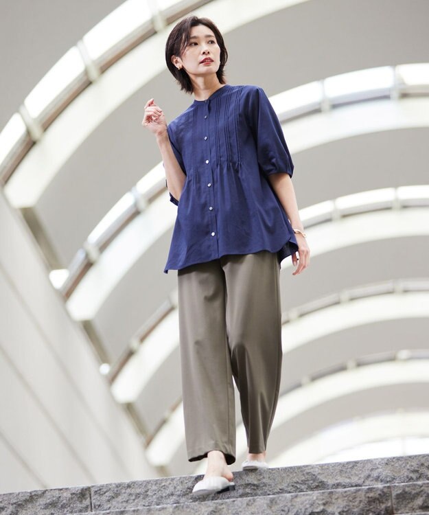 J.PRESS LADIES L 【WEB限定・洗える】ラミーポプリン ピンタック ブラウス ネイビー系