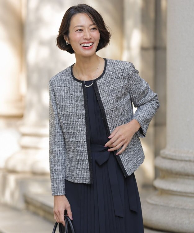 J.PRESS LADIES 【セットアップ対応】ファンシーツイード ノーカラー ジャケット ブラックミックス系