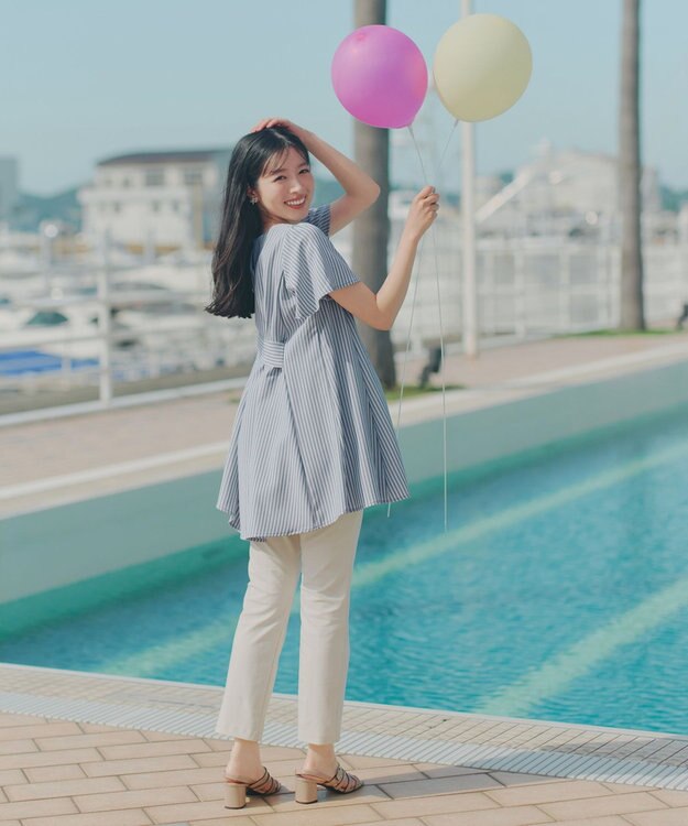 Tiaclasse L 【おのののかさん着用】半袖＆七分袖選べる袖丈バックフレアチュニック 半袖ネイビーストライプ