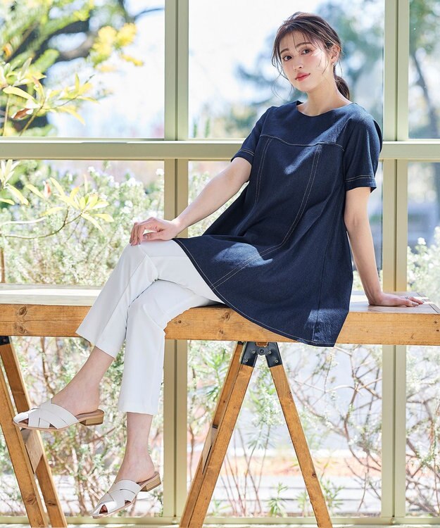 Tiaclasse 【洗える】デニムチュニックブラウス ネイビー