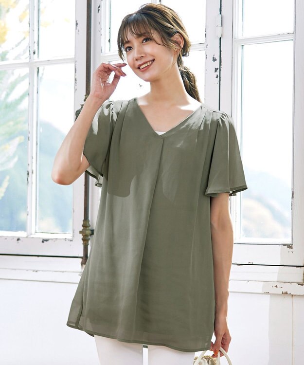 Tiaclasse フレアスリーブチュニックブラウス カーキ