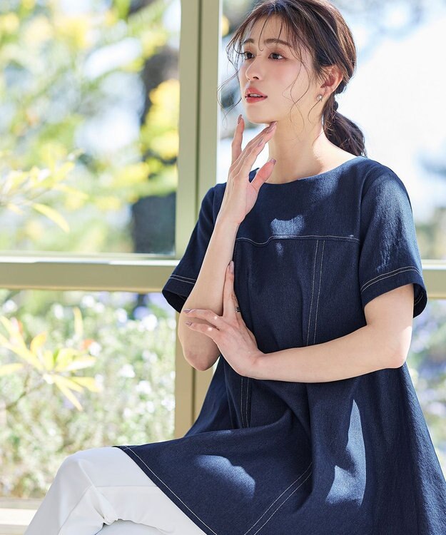 Tiaclasse 【洗える】デニムチュニックブラウス ネイビー